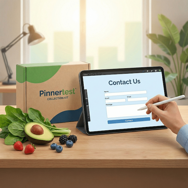 AI-generated illustration representing food sensitivity research and contact support for Pinnertest